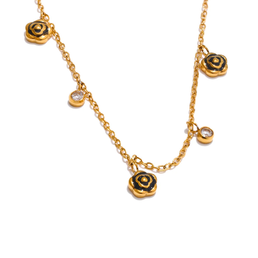 Black enamel flower zirconia chain necklace - product image
