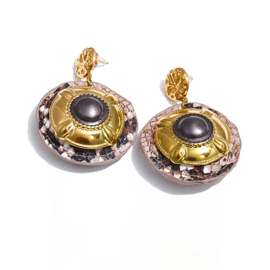 Black enamel snake pattern round drop earrings - product image