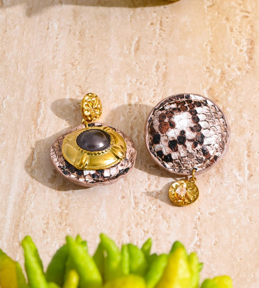 Black enamel snake pattern round drop earrings - product image