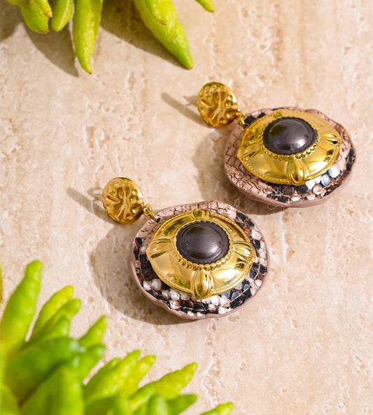 Black enamel snake pattern round drop earrings - product image