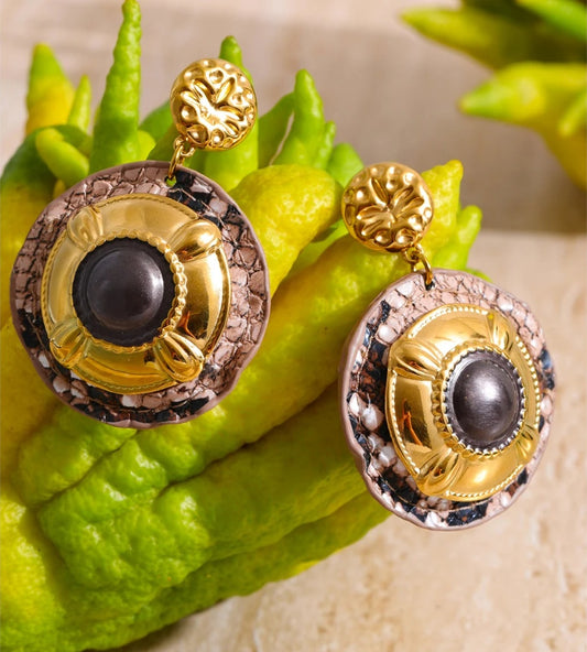 Black enamel snake pattern round drop earrings - product image
