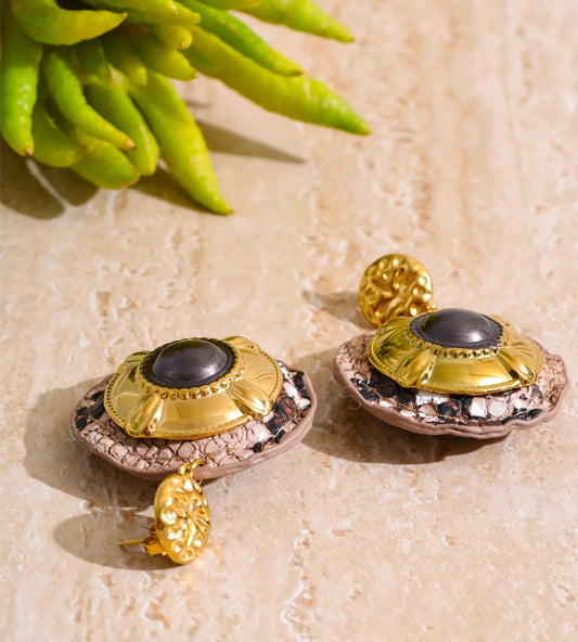 Black enamel snake pattern round drop earrings - product image