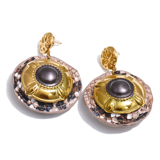 Black enamel snake pattern round drop earrings - product image