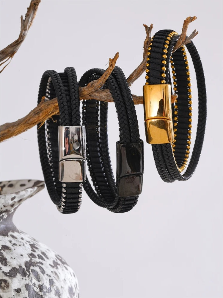 Black fiber leather braided men bracelet - product image