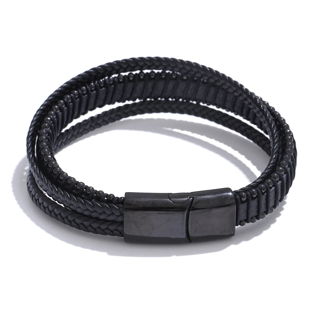 Black fiber leather braided men bracelet - product image