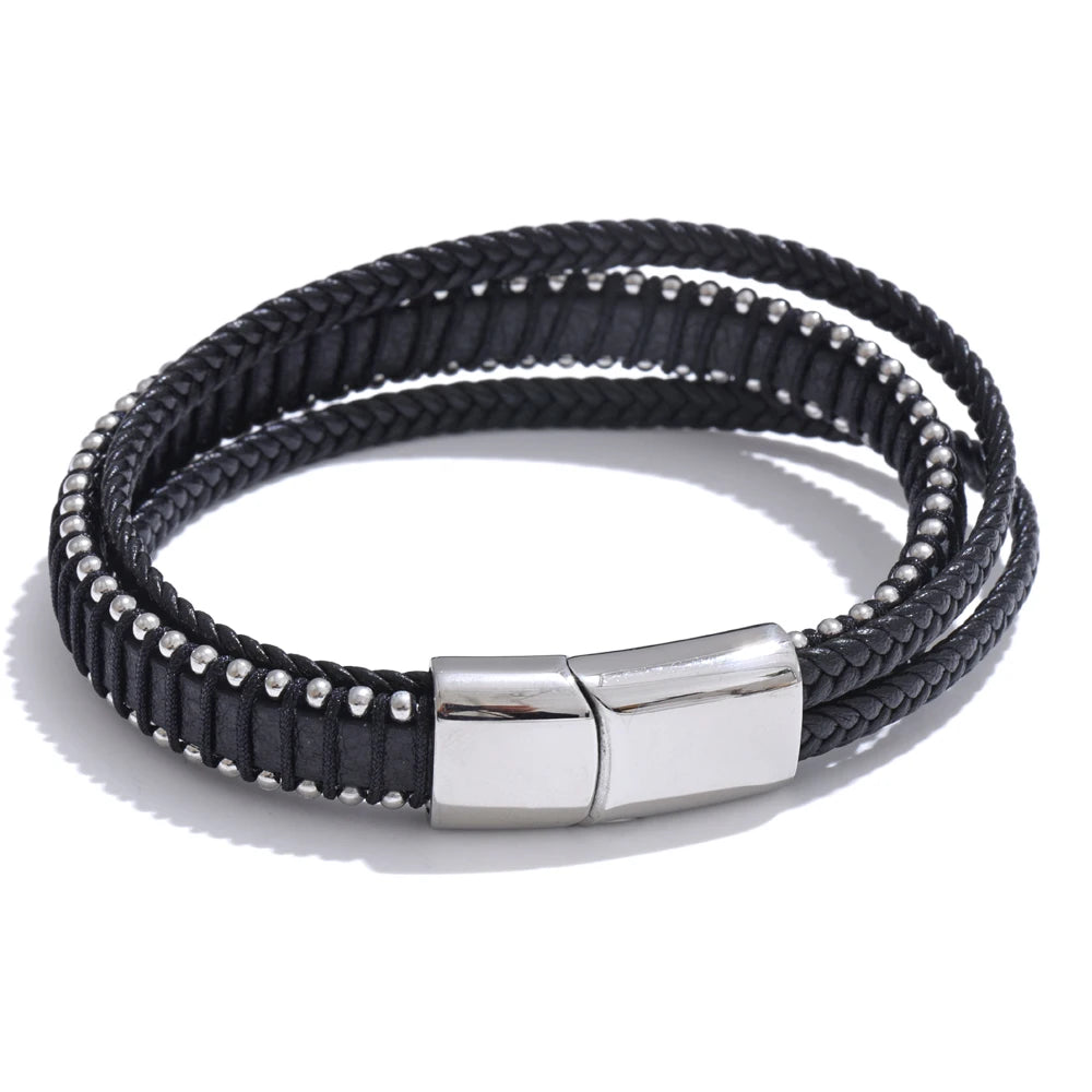 Black fiber leather braided men bracelet - product image