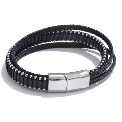 Black fiber leather braided men bracelet - product image