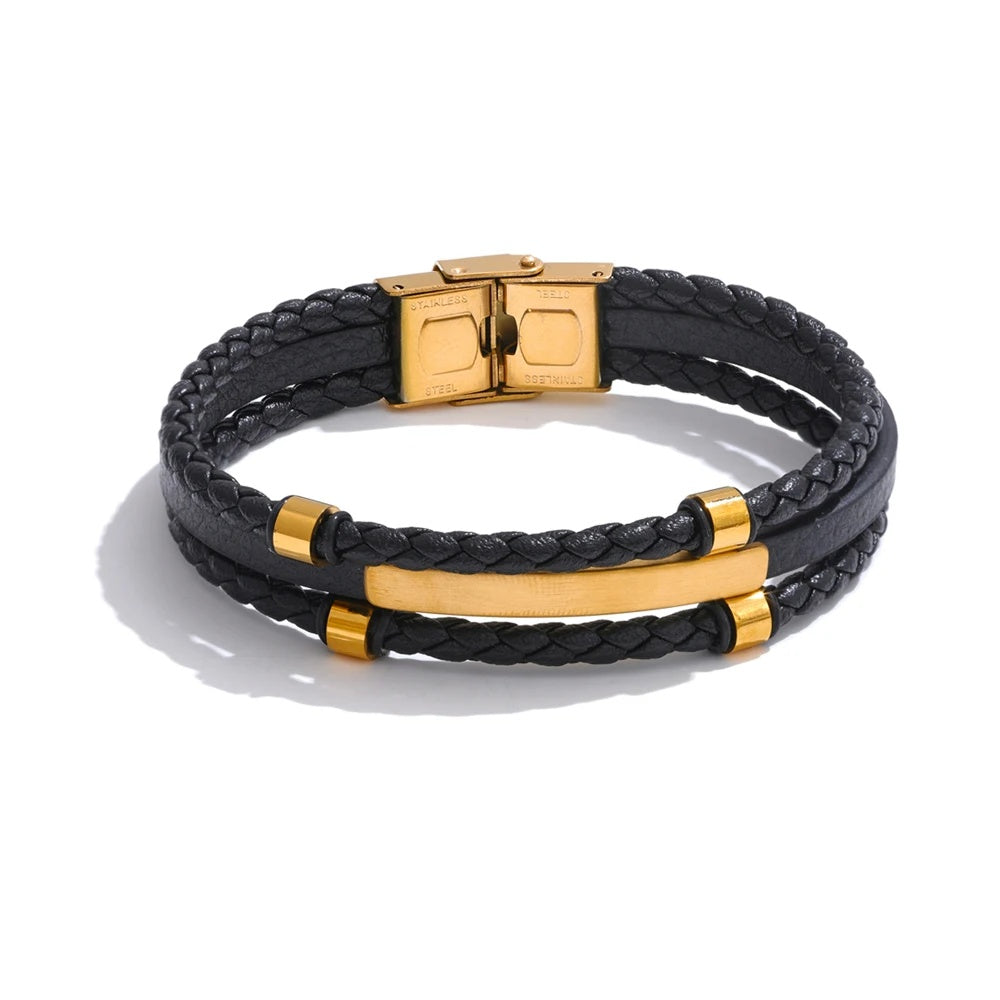 Black leather braided layered men's bracelet - product image