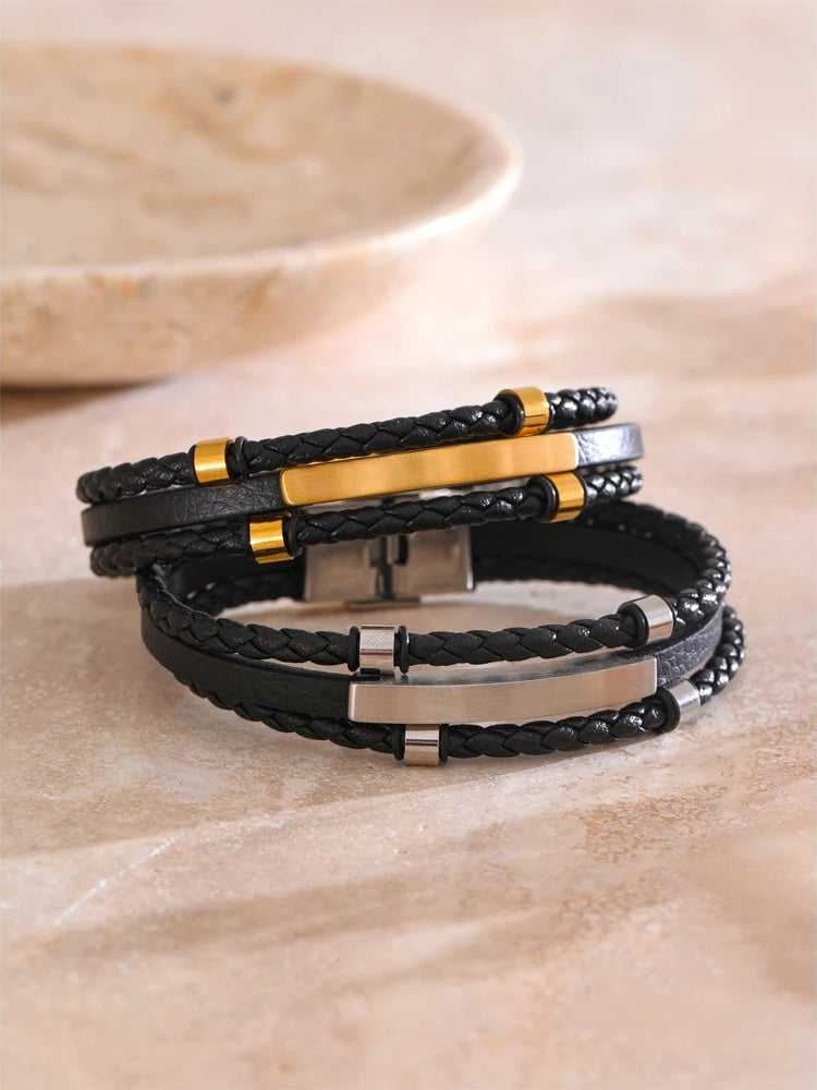 Black leather braided layered men's bracelet - product image