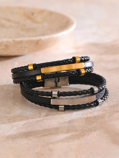 Black leather braided layered men's bracelet - product image