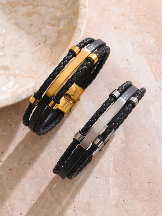 Black leather braided layered men's bracelet - product image