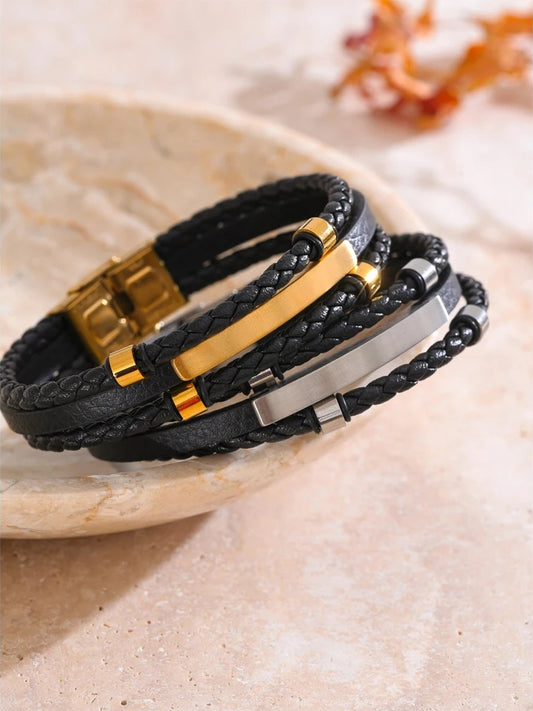 Black leather braided layered men's bracelet - product image