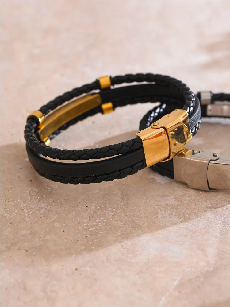 Black leather braided layered men's bracelet - product image