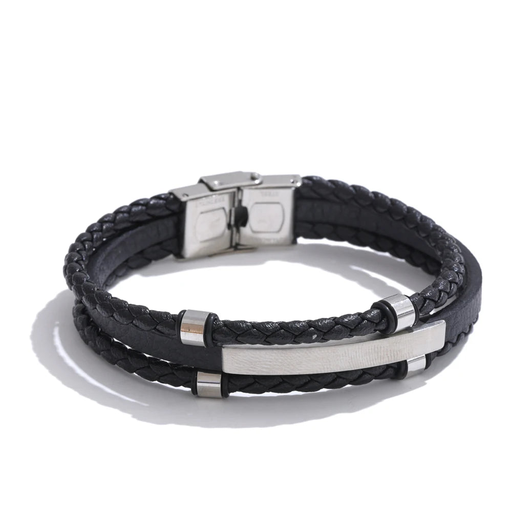 Black leather braided layered men's bracelet - product image