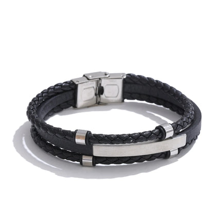 Black leather braided layered men's bracelet - product image