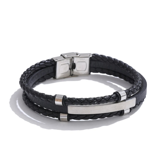 Black leather braided layered men's bracelet - product image