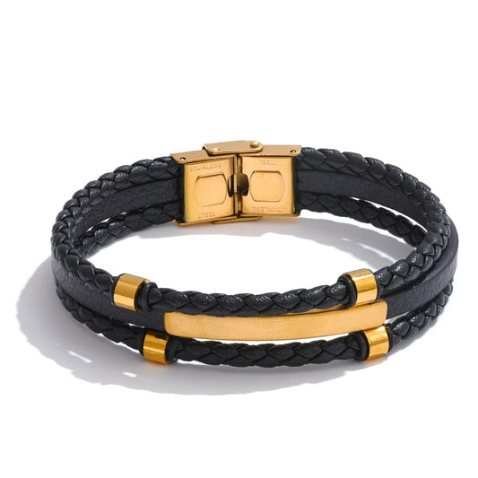Black leather braided layered men's bracelet - product image