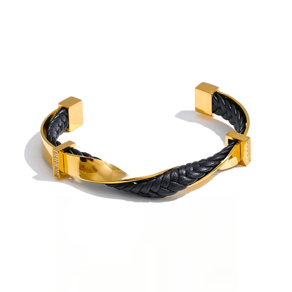 Black leather twisted cuff unisex bracelet - product image