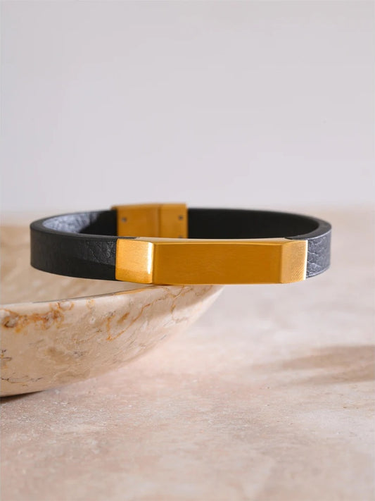 Black pu leather stainless steel bracelet - product image