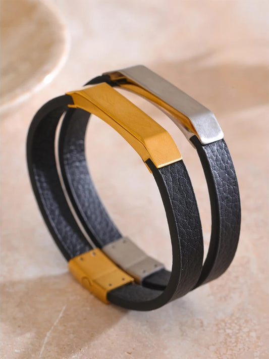 Black pu leather stainless steel bracelet - product image