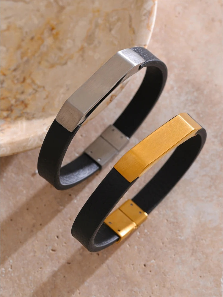 Black pu leather stainless steel bracelet - product image