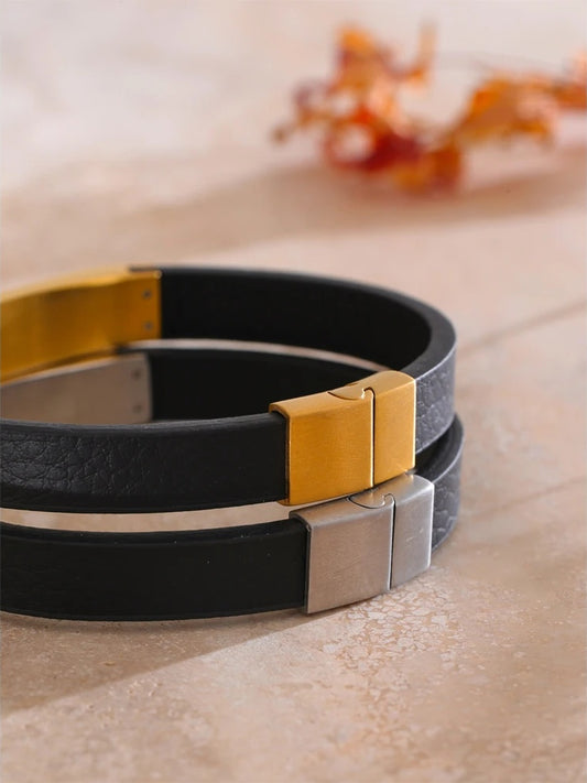 Black pu leather stainless steel bracelet - product image