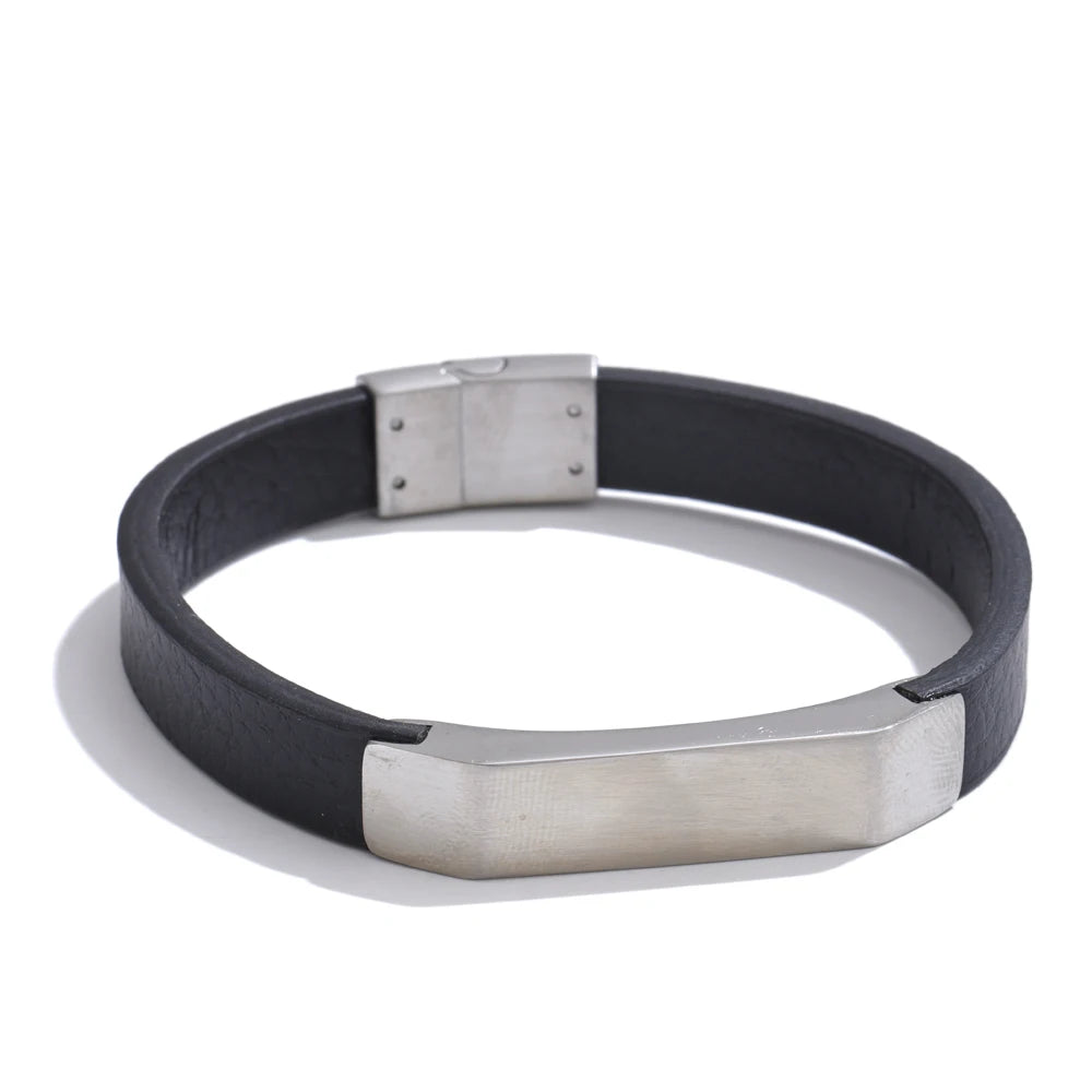 Black pu leather stainless steel bracelet - product image