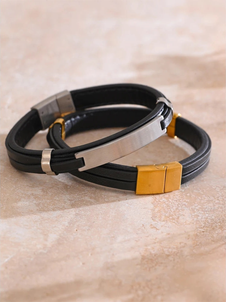 Black pu leather waterproof men's bracelet - product image