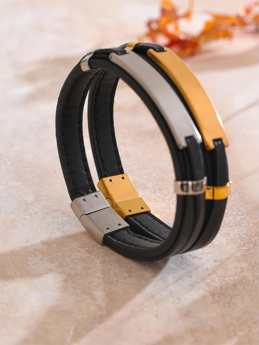 Black pu leather waterproof men's bracelet - product image