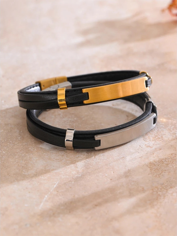 Black pu leather waterproof men's bracelet - product image