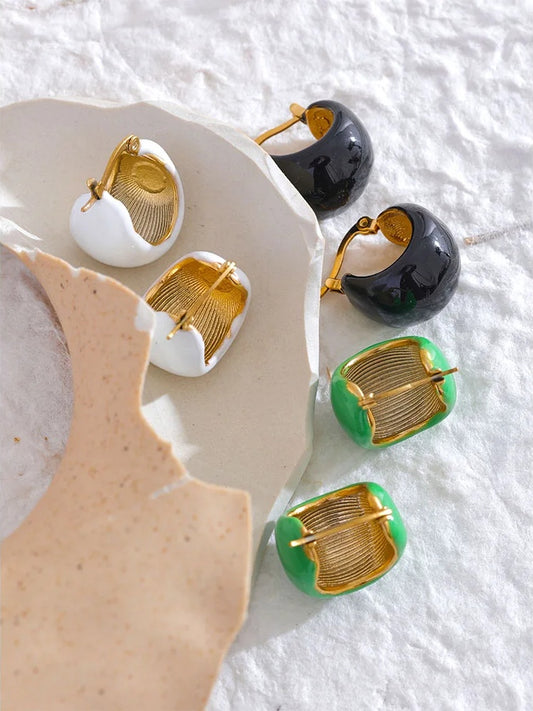 Black white green enamel chunky hoop earrings - product image