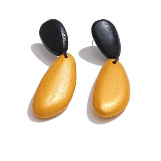 Black yellow wood abstract drop dangle earrings - product image