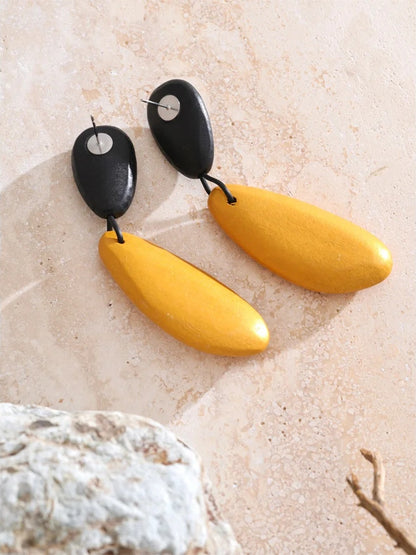 Black yellow wood abstract drop dangle earrings - product image