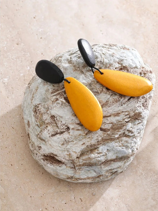 Black yellow wood abstract drop dangle earrings - product image