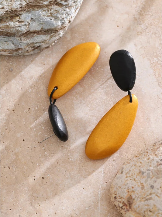 Black yellow wood abstract drop dangle earrings - product image