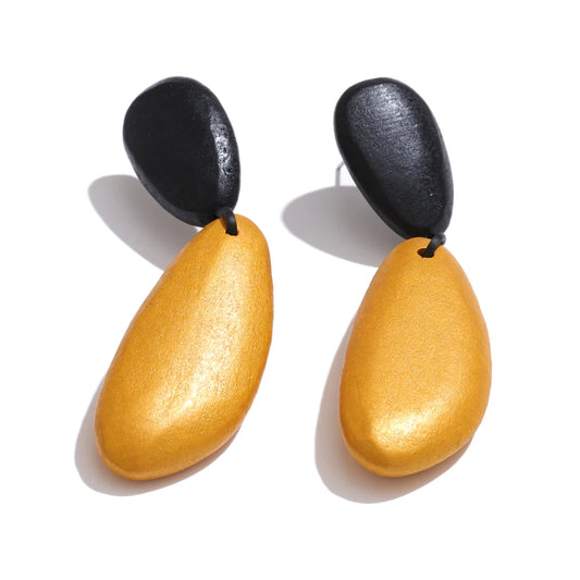 Black yellow wood abstract drop dangle earrings - product image