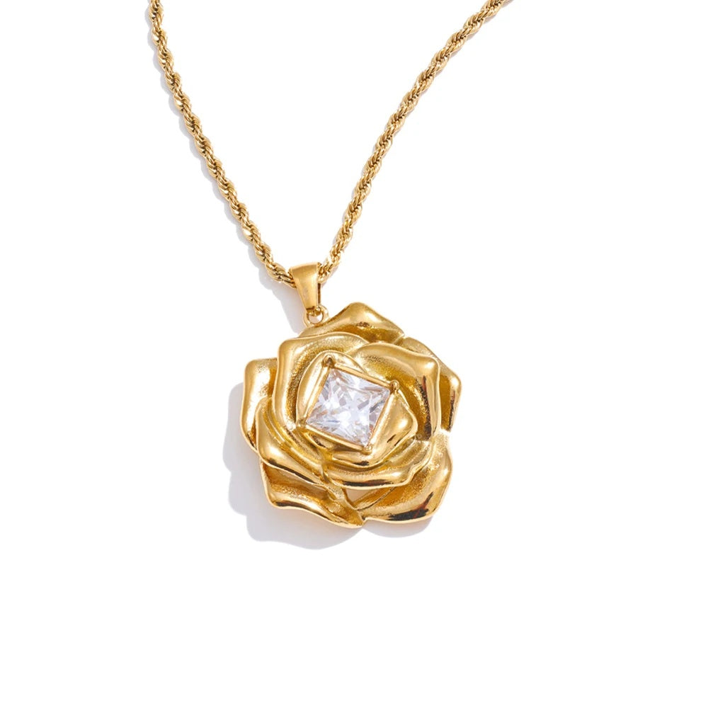 Bling cubic zirconia flower pendant necklace golden - product image