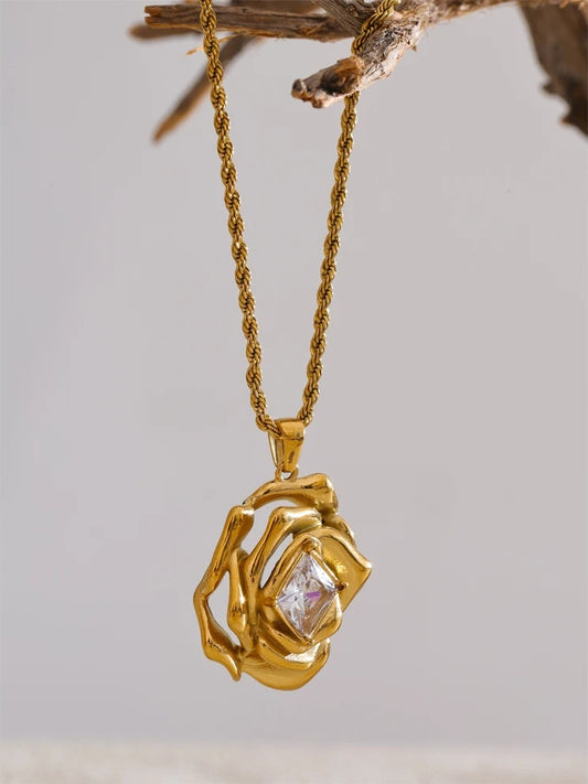 Bling cubic zirconia flower pendant necklace golden - product image