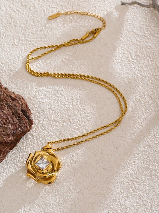 Bling cubic zirconia flower pendant necklace golden - product image