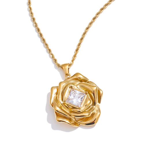 Bling cubic zirconia flower pendant necklace golden - product image