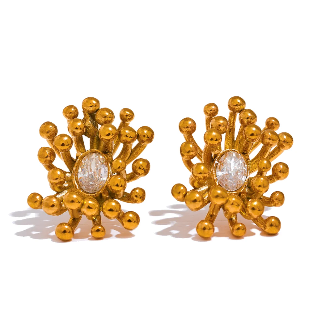 Bling cubic zirconia flower plant stud earrings - product image