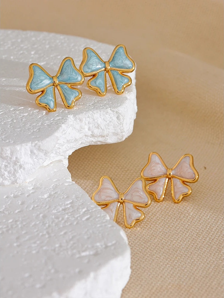 Blue black white enamel bowknot stud earrings - product image