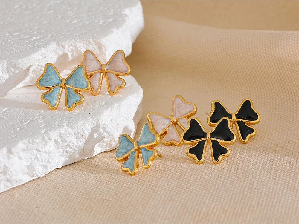 Blue black white enamel bowknot stud earrings - product image