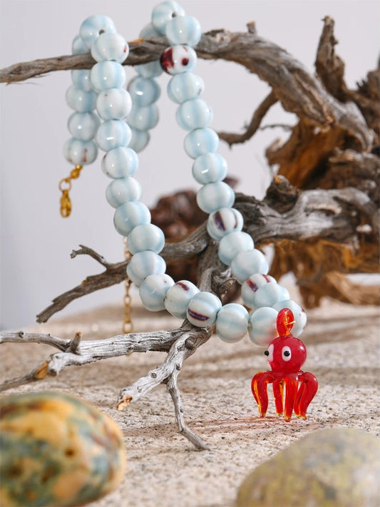 Blue ceramic beads octopus pendant necklace - product image