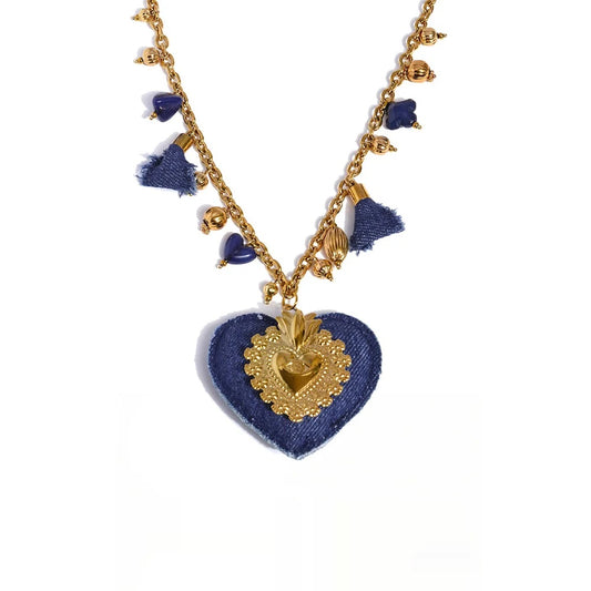 Blue denim acrylic heart pendant charm necklace women's - product image