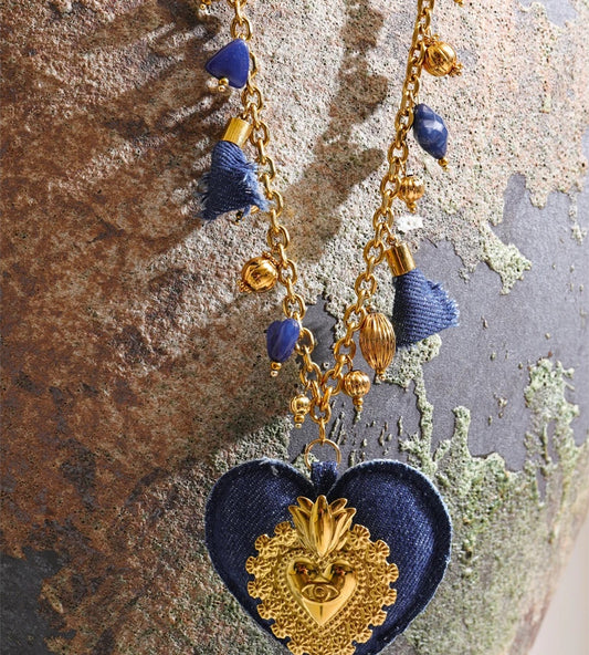 Blue denim acrylic heart pendant charm necklace women's - product image