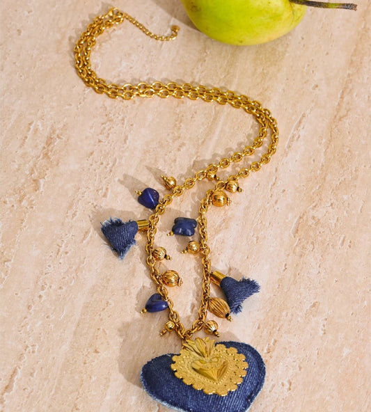 Blue denim acrylic heart pendant charm necklace women's - product image