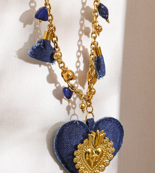 Blue denim acrylic heart pendant charm necklace women's - product image