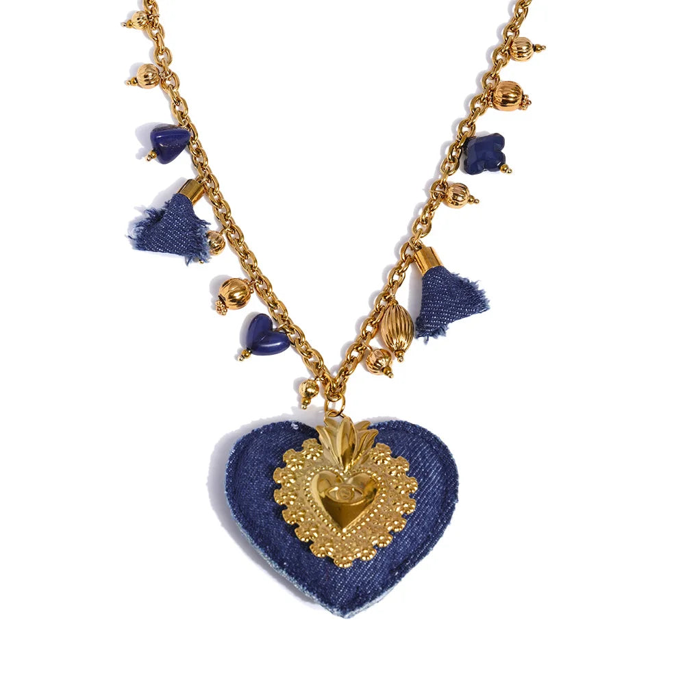 Blue denim acrylic heart pendant charm necklace women's - product image