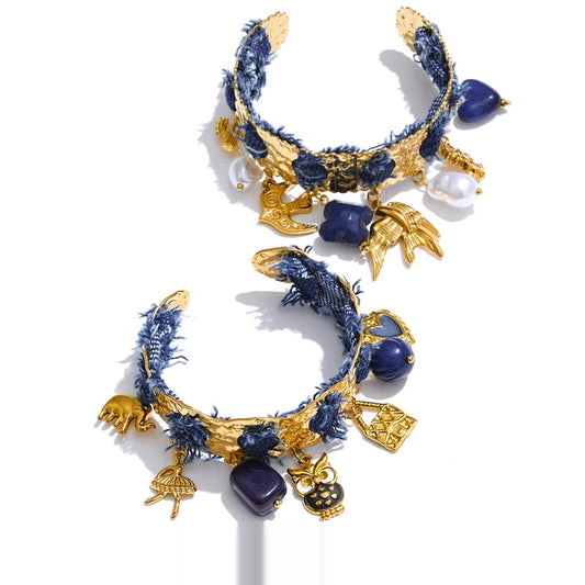 Blue denim acrylic pearl bird heart cuff bracelet - product image